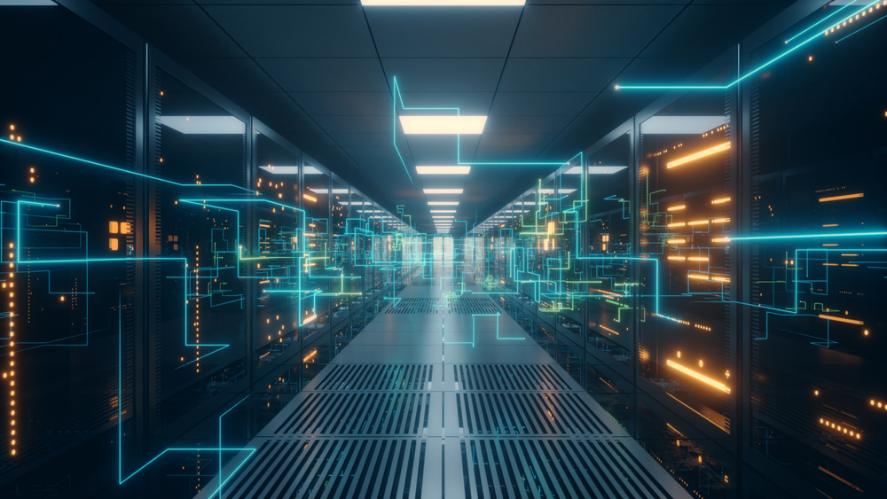 A high-tech data center with blue and orange LED lights highlighting server racks, embodying a setting optimized for managing jitter and phase noise in data transmissions.