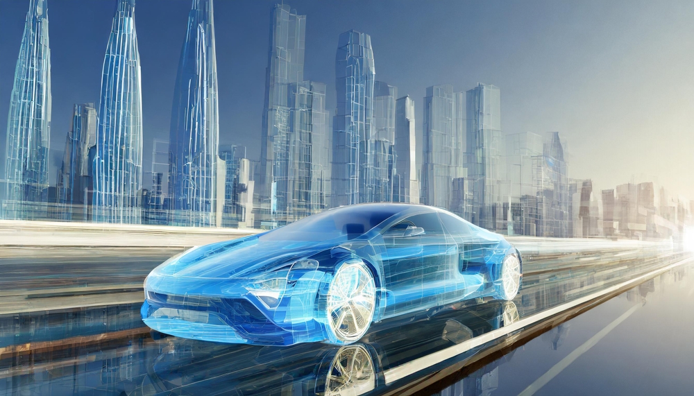 Image of a car running on a futuristic urban highway